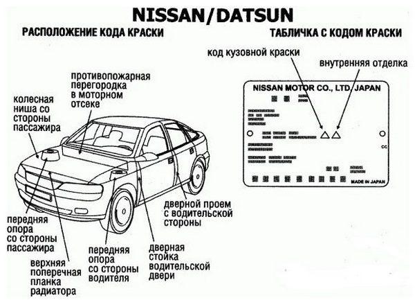 Расположение таблички с кодом краски в автомобилях Nissan