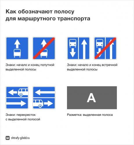 Обычно эти знаки дублируются разметкой — заглавной буквой «А». Буква означает, что полоса только для общественного транспорта