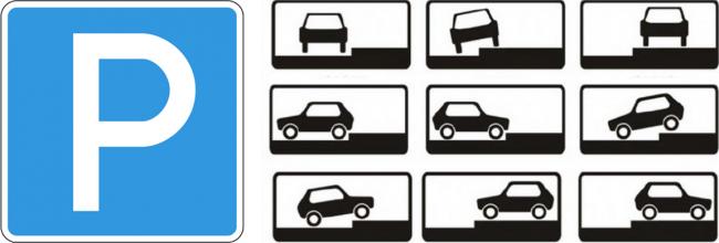 Такой знак и таблички показывают способ парковки и разрешают стоянку на тротуаре